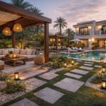 Luxury Villa Backyard Design with Pergola and Garden Landscaping