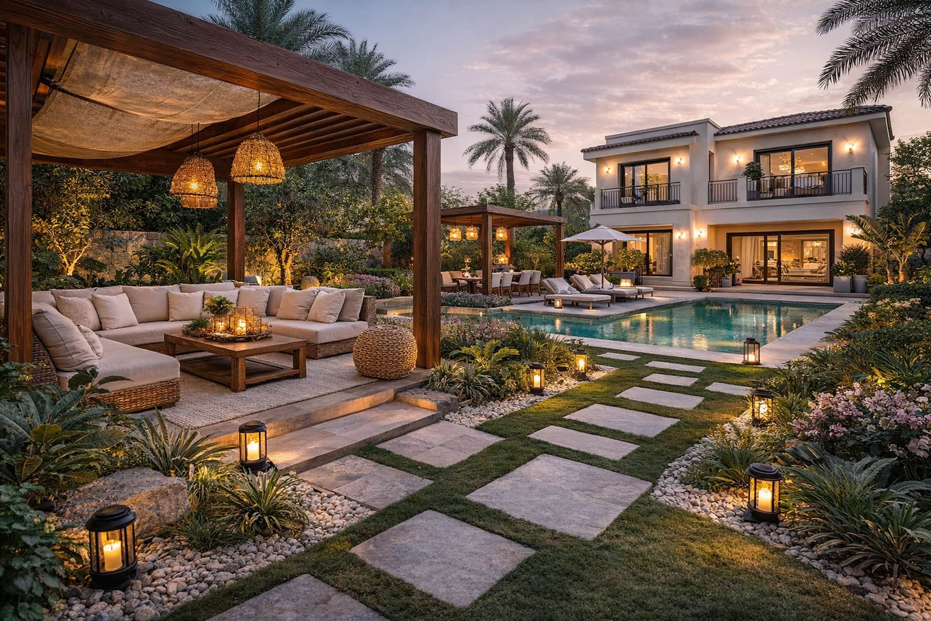 Luxury Villa Backyard Design with Pergola and Garden Landscaping