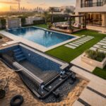 Villa landscaping with swimming pool and construction work