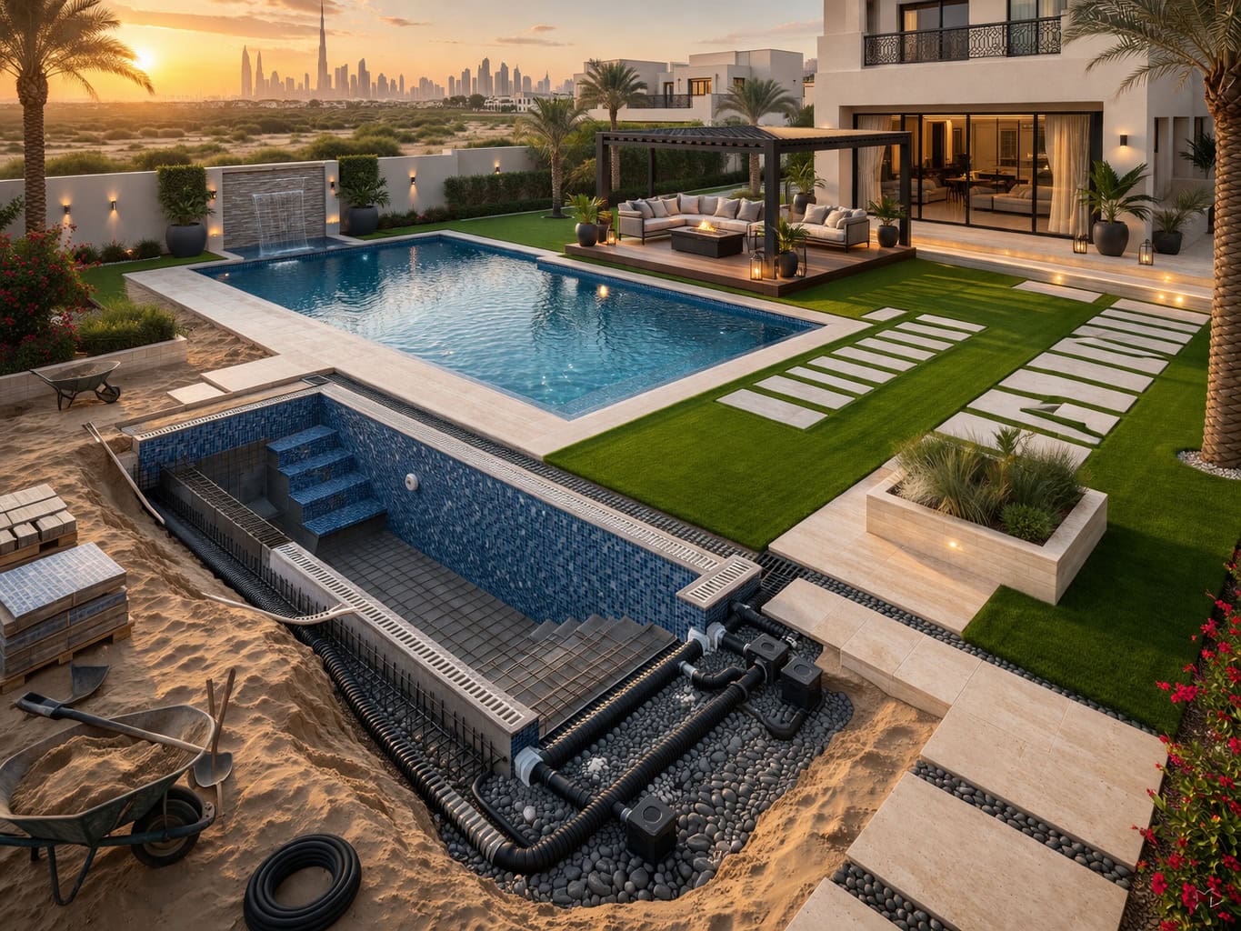 Villa landscaping with swimming pool and construction work