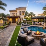 Front yard and backyard landscaping design for a Dubai villa with pool, patio, interlock driveway and garden seating