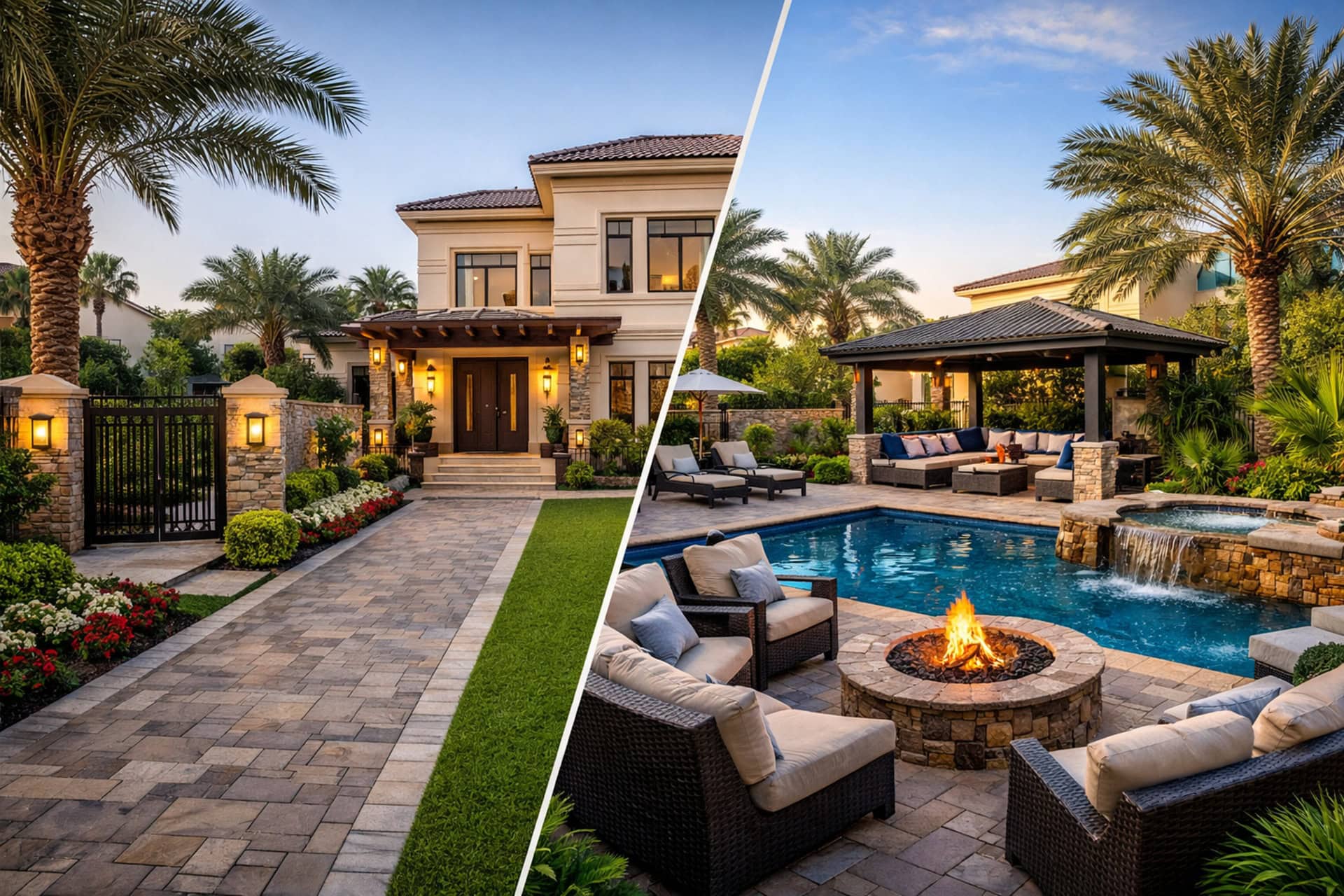 Front yard and backyard landscaping design for a Dubai villa with pool, patio, interlock driveway and garden seating