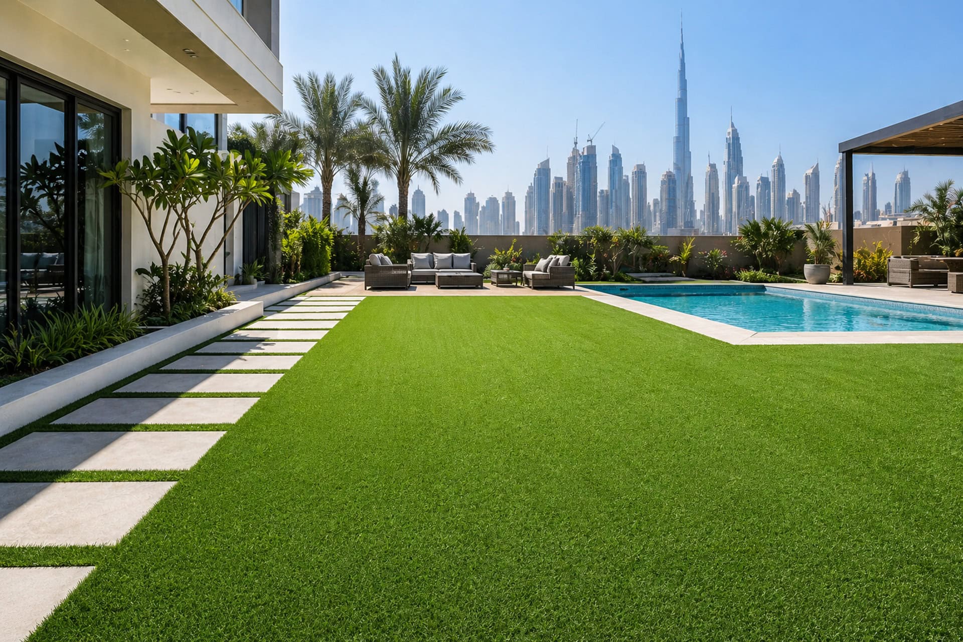 Artificial grass installation in Dubai showing a modern villa lawn with green turf, poolside seating, and city skyline background