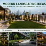 Modern landscaped outdoor space featuring a luxury villa garden, office courtyard, and commercial property landscaping with outdoor lighting, greenery, and contemporary design.
