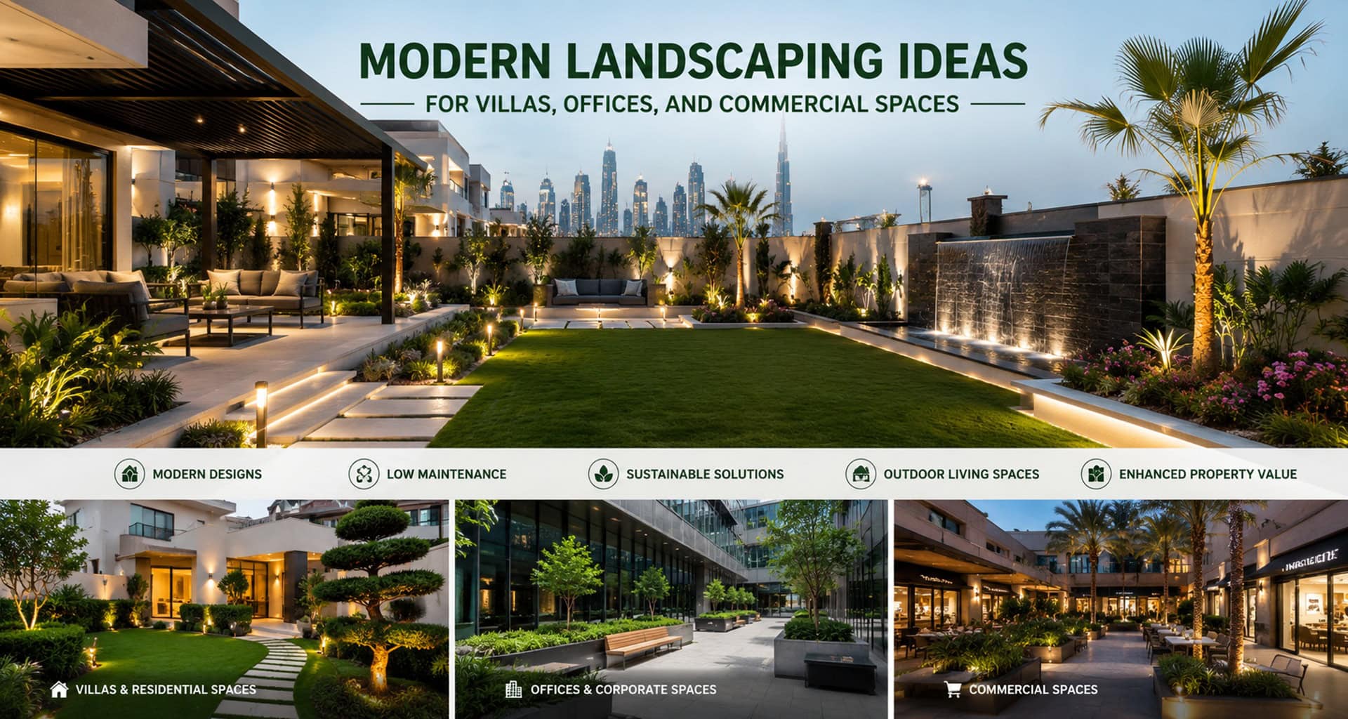 Modern landscaped outdoor space featuring a luxury villa garden, office courtyard, and commercial property landscaping with outdoor lighting, greenery, and contemporary design.