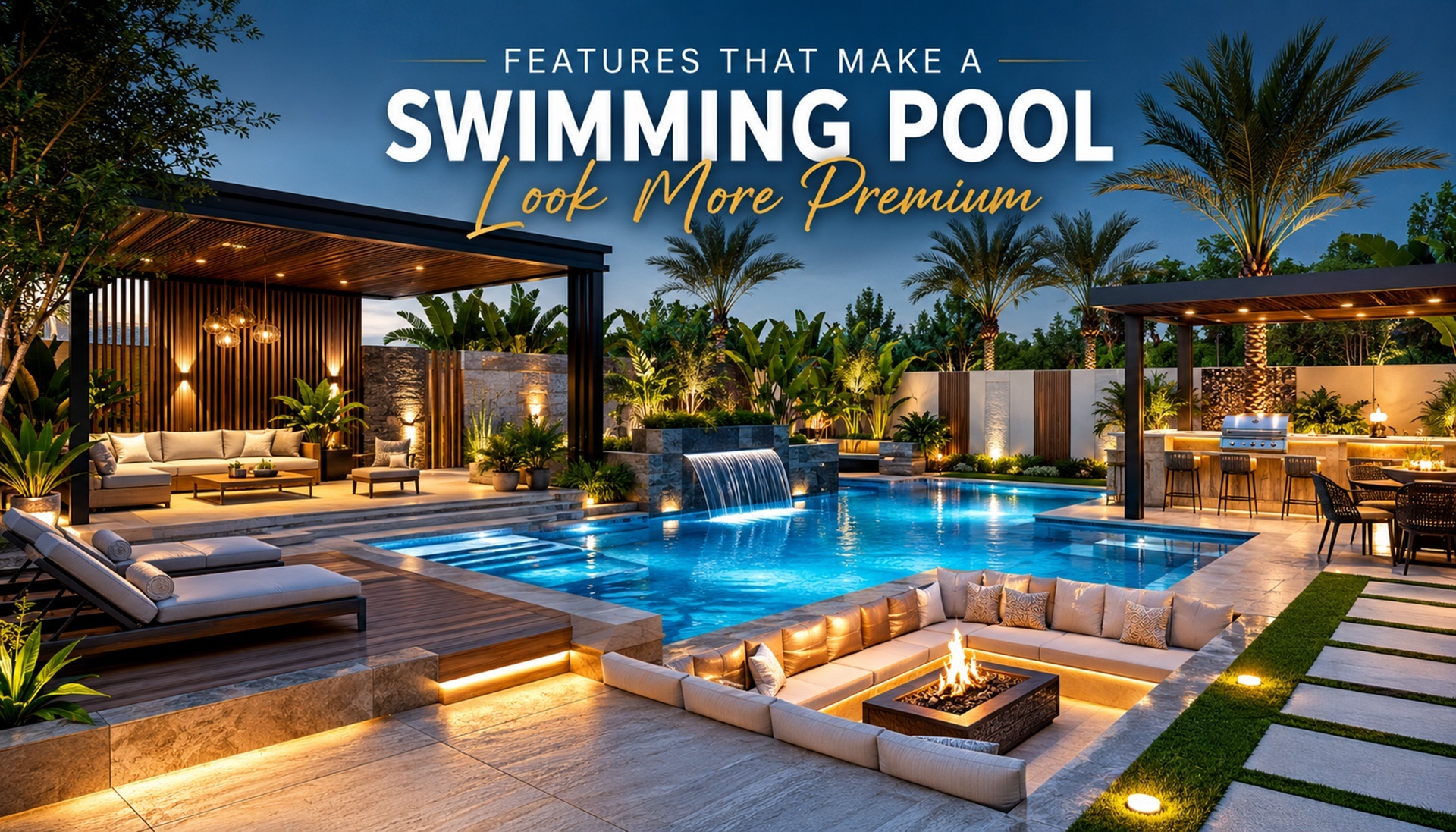 Luxury villa swimming pool with premium landscaping, pergola, outdoor lighting, waterfall feature, and modern seating area in Dubai.