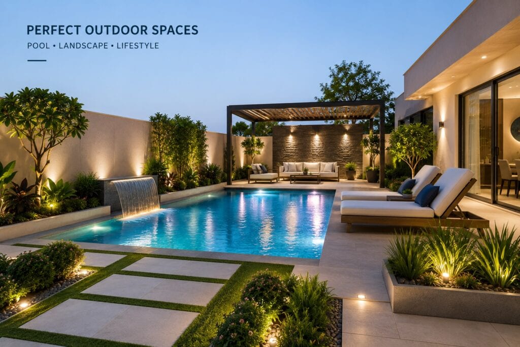 Luxury swimming pool with professional landscaping, pergola, outdoor lighting, and garden design for modern villas in Dubai.
