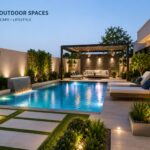 Luxury swimming pool with professional landscaping, pergola, outdoor lighting, and garden design for modern villas in Dubai.