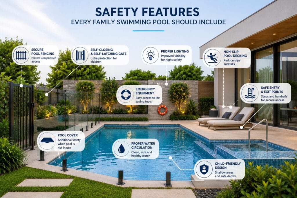 Modern family swimming pool with safety fencing, non-slip decking, lighting, and child-friendly design features.