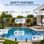 Modern family swimming pool with safety fencing, non-slip decking, lighting, and child-friendly design features.