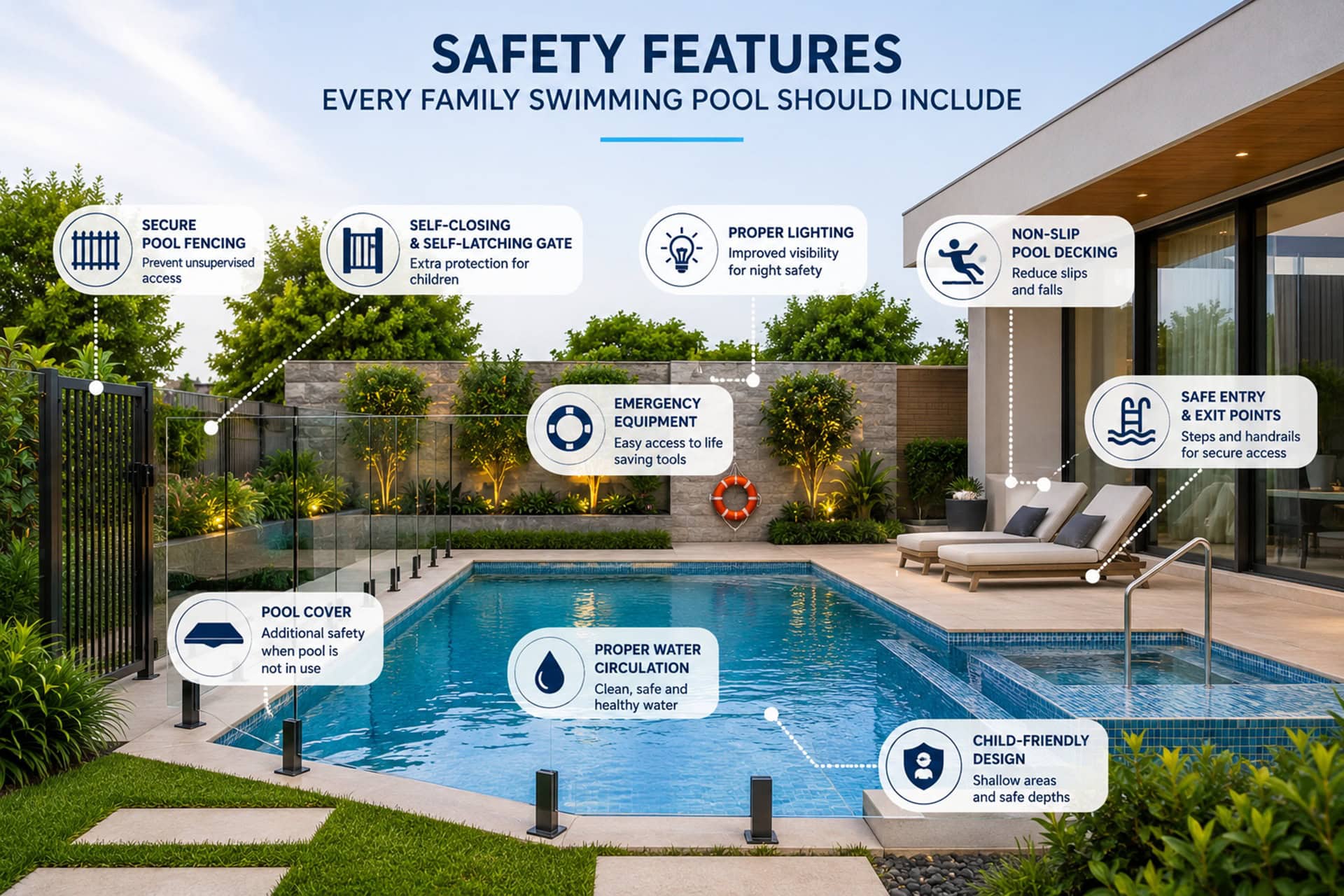 Modern family swimming pool with safety fencing, non-slip decking, lighting, and child-friendly design features.