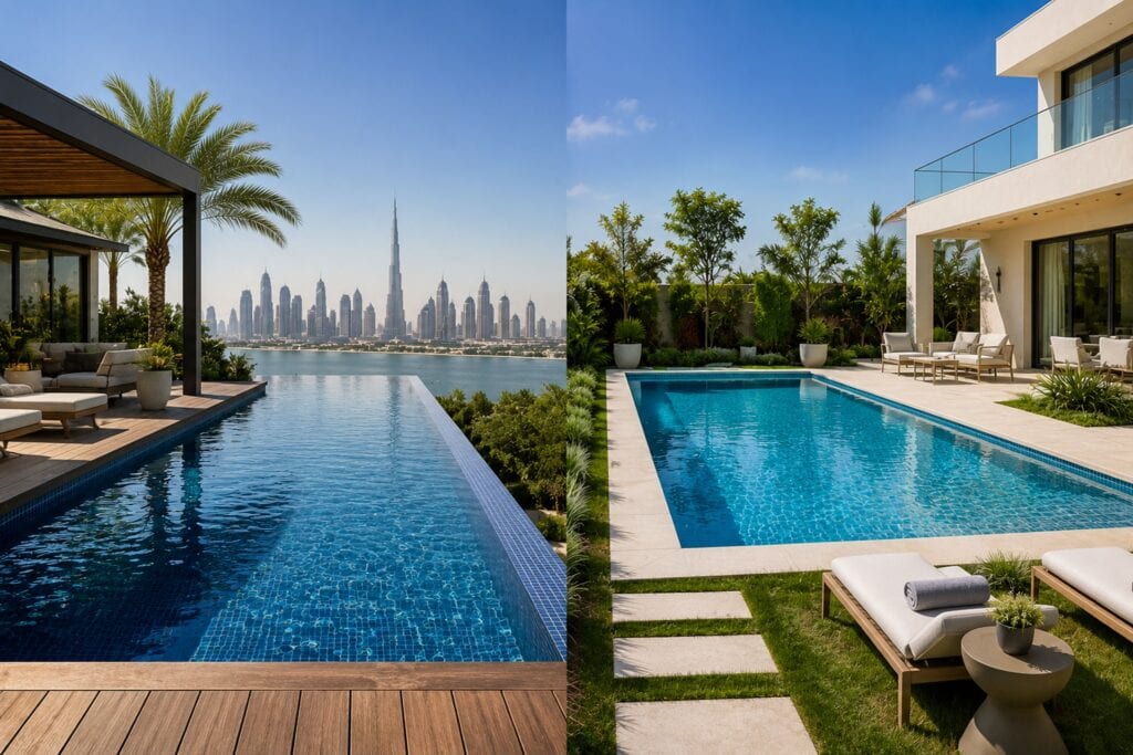Infinity pool and traditional swimming pool at luxury Dubai villas