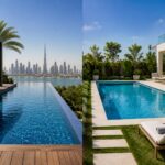 Infinity pool and traditional swimming pool at luxury Dubai villas