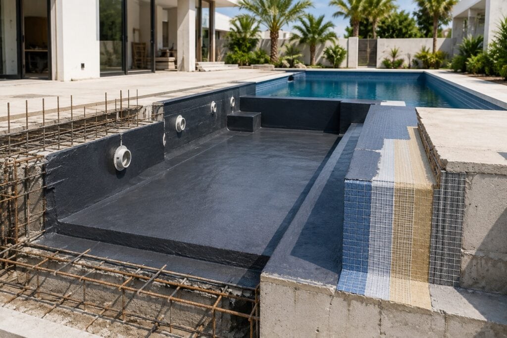 Pool waterproofing membrane applied during swimming pool construction in Dubai