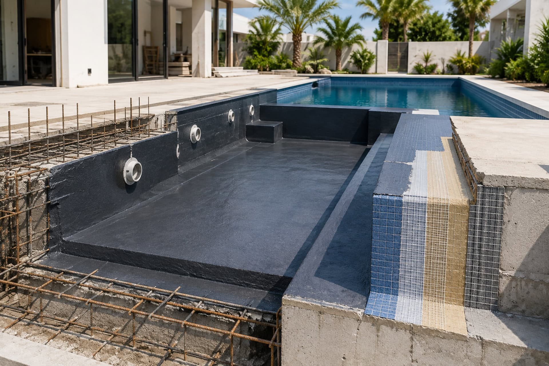 Pool waterproofing membrane applied during swimming pool construction in Dubai