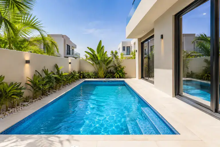 Swimming pool in a modern Dubai villa backyard with tiled decking and landscaped borders