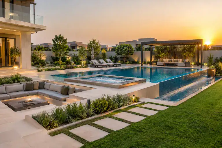 Swimming pool and jacuzzi with pergola and landscaped garden at a Dubai villa